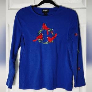 Studio Joy blue long sleeve Christmas cardinal blouse women's size L